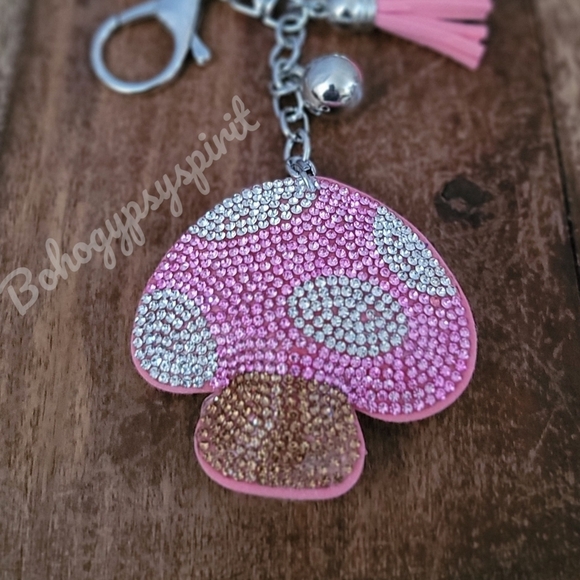 🍄Mushroom Crystal Rhinestone Keychain Bag Charm With Pink Tassel - Picture 4 of 8